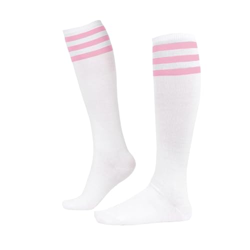 ASFWAGQ Klassische Damen Socken Cheerleader Kostüm Kniestrümpfe Schlauchstrümpfe Sportsocken mit drei Streifen Einheitsgröße (DE/NL/SE/PL, Alphanumerisch, Einheitsgröße, Regular, Regular, Weiß Rosa) von ASFWAGQ