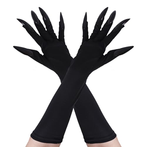 ASFWAGQ Kostümhandschuhe Halloween Handschuhe Lange Nagelhandschuhe Cosplay Fingernägel Handschuhe Cosplay Requisiten mit Krallen (Schwarz, Einheitsgröße) von ASFWAGQ