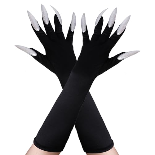 ASFWAGQ Kostümhandschuhe Halloween Handschuhe Lange Nagelhandschuhe Cosplay Fingernägel Handschuhe Cosplay Requisiten mit Krallen (Silber, Einheitsgröße) von ASFWAGQ