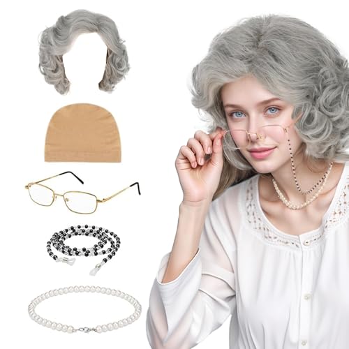 Alte Dame Perücke Graue kurz gelockt Oma Perücke 5 teiliges Set Oma Kostüm Perücke mit Perlenkette Brille Hut Brillenkette Halloween Perücke für Cosplay Halloween Karneval von ASFWAGQ