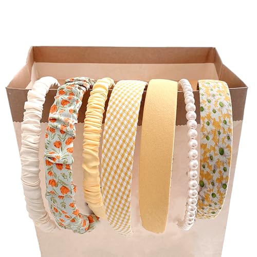 Damen Haarreifen Set 7 Stück, Verschiedene Modelle Stirnbänder, Perlen Haarreif, Kunststoff Haarband, Headband Set Gelb für Damen Mädchen (Gelb) von ASFWAGQ