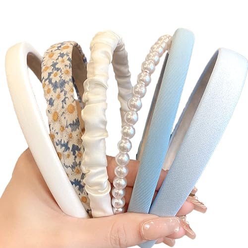 Damen Haarreifen Set 6 Stück, Verschiedene Modelle Stirnbänder, Perlen Haarreif, Kunststoff Haarband, Headband Set Braune Weiße für Damen Mädchen (Blau, S) von ASFWAGQ