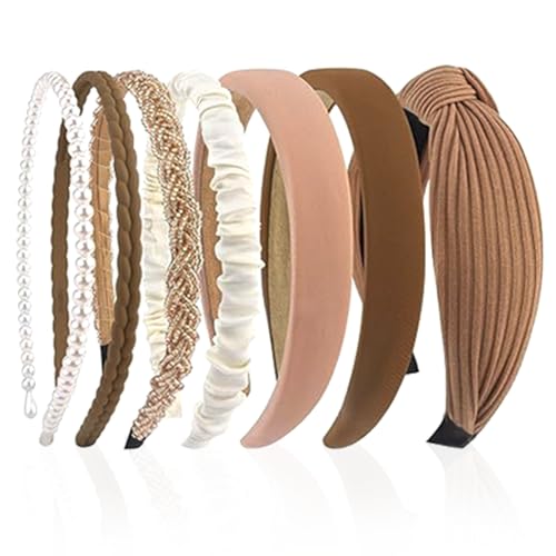 Damen Haarreifen Set 7 Stück, Verschiedene Modelle Stirnbänder, Perlen Haarreif, Kunststoff Haarband, Headband Set Braune Weiße für Damen Mädchen (Braun) von ASFWAGQ