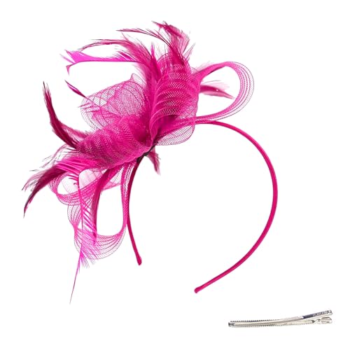 Fascinator Hut,Haarreif Damen mit Federn Mesh Blume Kopfschmuck Haarspange Mädchen Stirnband Hair Clip für Fasching Karneval Tea Party Hochzeit Cocktail (Rosa) von ASFWAGQ