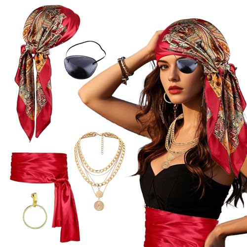 Mittelalter Piratenkostüm Zubehör Set Damen Kopftuch Augenklappe Pirat Ohrringe Piraten-Halskette Schärpe Gürtel für Hallowee Karneval Fasching Kostüm Verkleidung Accessories Kopftuch Augenklappe von ASFWAGQ