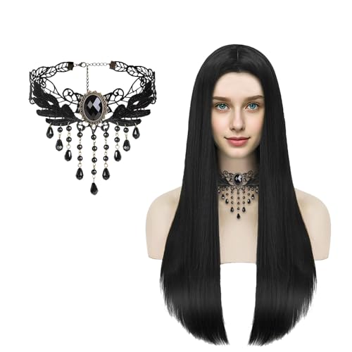 Perücke Schwarz Lang Wednesday Kostüm Damen Morticia Addams Kostüm Schwarze Perücke Gotische Halskette Kostüm Accessoires, Perücke Hexe für Cosplay, Halloween, Karneval und Themenpartys von ASFWAGQ