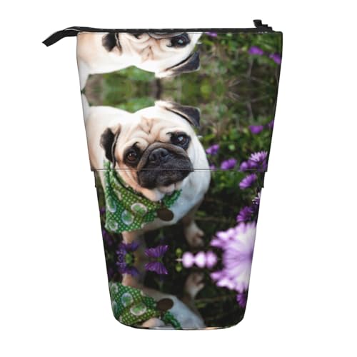 ASFgda Federmäppchen mit Stehende Mops im Garten, Teleskop-Stifttasche, tragbarer Stifthalter, Aufbewahrungs-Kosmetiktasche von ASFgda