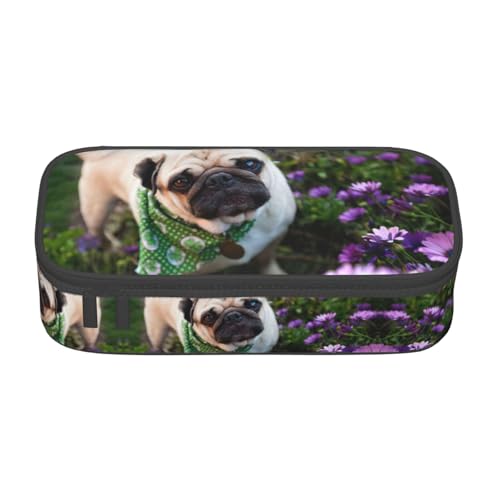 ASFgda Federmäppchen mit großem Fassungsvermögen, langlebig, Motiv: Mops im Garten, tragbare Kosmetiktasche, Aufbewahrungstasche für Bürobedarf. von ASFgda