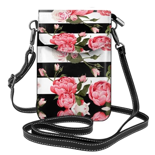 ASFgda Kleine Kuriertasche für Damen, mit Kreditkartenschlitz, Schwarz / Weiß gestreift, Blumendruck ASFgda Kleine Kuriertasche für Damen, mit Kreditkartenschlitz, Schwarz / Weiß gestreift, Blumendruck von ASFgda