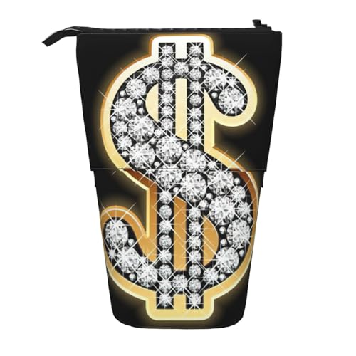 ASFgda Stehendes goldenes Federmäppchen mit Dollarzeichen-Druck, Teleskop-Stifttasche, tragbarer Stifthalter, Aufbewahrungs-Kosmetiktasche von ASFgda