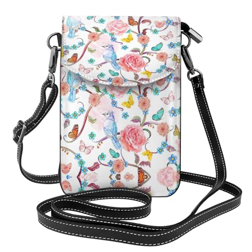 Romantische, ausgefallene Damen-Kuriertasche mit Blumenmotiv und Vögeln und Schmetterlingen, bedruckt, mit Kreditkartenschlitzen von ASFgda