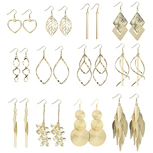 12 Paar Gold Tropfen Ohrringe für Damen Mädchen, Verschiedene Haken Ohrhänger Boho Set, Rund/Prisma/Feder/Kette/Wellendrehung einzeln/doppelt linear hohl/Blume/Herz/Blätter/lange/Fransen Ohrringe von ASH'S CHOICE