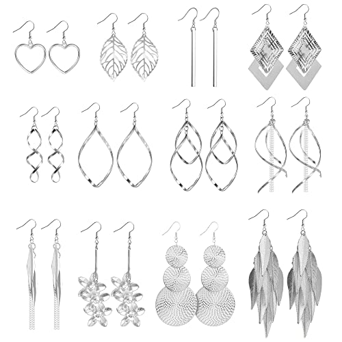 12 Paar Silber Tropfen Ohrringe für Damen Mädchen, Silber Ohrhänger Boho Ohrringe Set, Rund/Prisma/Feder/Kette/Wellendrehung einzeln/doppelt linear hohl/Blume/Herz/Blätter/lange/ Fransen Ohrringe von ASH'S CHOICE