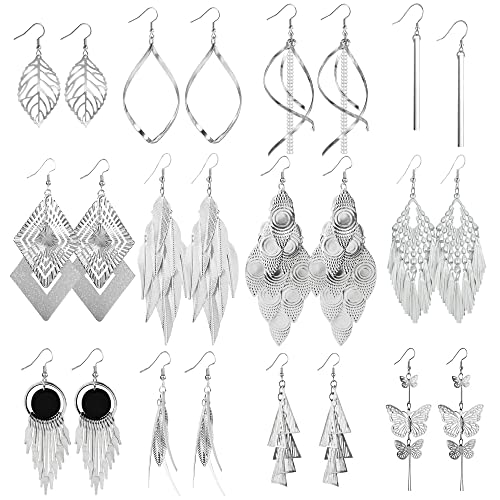 12 Paar Tropfen Ohrringe Silber für Damen, Ohrringe Boho Set, Ohrringe Große Lang Blatt Aushöhlen Laub Quaste Feder Prisma Boho Ohrhänger Hypoallergene Ohrringe Hängend Mode Glänz Silber Damen Frauen von ASH'S CHOICE