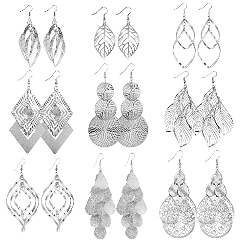 9 Paar Tropfen Ohrringe Silber für Damen, Modeschmuck Ohrringe Boho Set, Ohrringe Große Lang Blatt Aushöhlen Laub Quaste Feder Prisma Boho Ohrhänger Hypoallergene Ohrring Glänz Silber Tropfenohrringe von ASH'S CHOICE