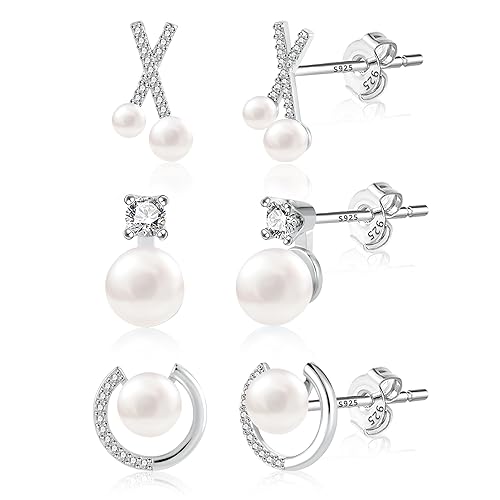 925 Sterling Silber Perlen Ohrstecker Set - 3 Paar Kleine Ohrringe für Damen, Weiß Süßwasserperlen Mit AAA+ Zirkon Strass - Elegante Schmuckstücke von ASH'S CHOICE