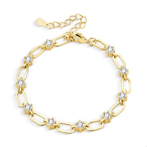 Gold Armband für Damen Frau, 14K Echt Vergoldet 925 Sterling Silber Verstellbares Gold Armband mit Zirkonia Kugel Armband Cuban Messing Ketten Choker Link Büroklammer Armband Gold Damen von ASH'S CHOICE