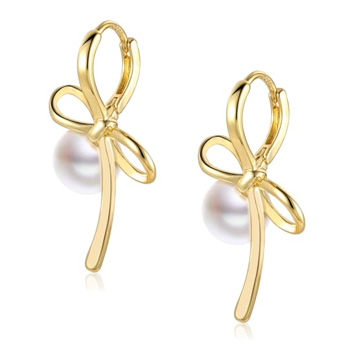 ASH'S CHOICE Ohrringe Gold Creolen Bogen Groß Schleifen Ohrringe Gold Kleine Creolen mit Perlen Anhänger Bow Earrings Silber 925 Ohrringe Hängende Creolen Perlenohrringe Bogen Tropfenohrringe Damen von ASH'S CHOICE