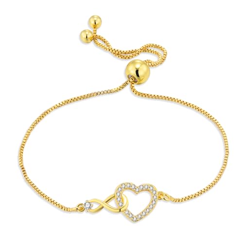 ASH'S CHOICE Gold Armbänder für Damen, 14K Vergoldet 925 Sterling Silber Armband Infinity Armreif Unendlichkeit Herz Armbänder Breit Glitzer Gold Verstellbar Armband Schmuck Ketten Damen Frauen Mama von ASH'S CHOICE