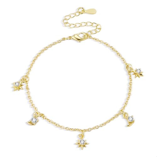 ASH'S CHOICE Gold Armbänder für Damen Frauen, 14K Vergoldet Charm Armband mit Sterne Mond Anhänger Freundschaftsarmbänder Verstellbare Armband Boho Ketten Gold Mutter Frau Freundin Schmuck von ASH'S CHOICE