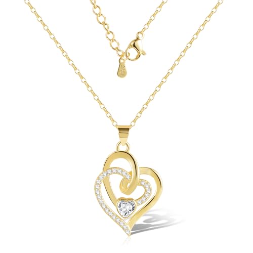 Gold Halskette Herz Ketten Damen, ASH'S CHOICE Sterling Silber 925 Doppel Herz Liebe Anhänger Halsketten mit AAA+Zirkon Strass 14k Vergoldet Halskette Gold Ketten für Damen Mama Muttertag Geschenk von ASH'S CHOICE