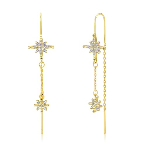 Ohrringe Gold Hängend Damen, ASH'S CHOICE 14K Vergoldete Einfädler Ohrring Hängend Lange Quasten Blitz Glänzer Ohrringen mit Zirkonia Sterne Mond Stein Strass Lang Einfädler Ohrringe Gold Boho von ASH'S CHOICE