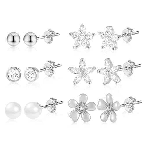 ASH'S CHOICE Ohrringe Silber 925 Ohrstecker für Damen, Multipack Glitz Silber Ohrstecker Kleine Ohrringe Set, 6Paar Ohrringe Schmetterlings Blume Kugel Diamant Ball Herz Perle Zirkon Ohrstecker von ASH'S CHOICE