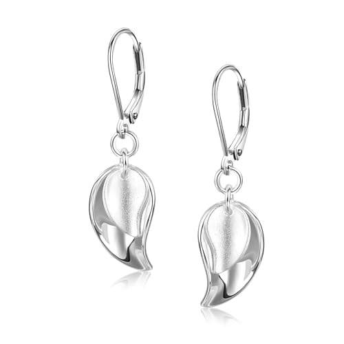 ASH'S CHOICE Silber 925 Ohrringe Damen, Hypoallergen Sterling Silber Hängend Kleine Creolen Mit Anhänger Doppel Blatt Wassertropfen Französische Ohrhaken von ASH'S CHOICE