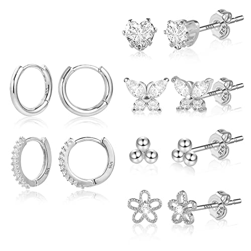 Silber Ohrringe Ohrstecker Silber 925, 2 Paar Creolen Ohrringe mit 4 paar Diamanten Ohrstecker klein, Hypoallergen CZ Knorpel Ohrringe Ohrstecker Set für Damen Männer von ASH'S CHOICE