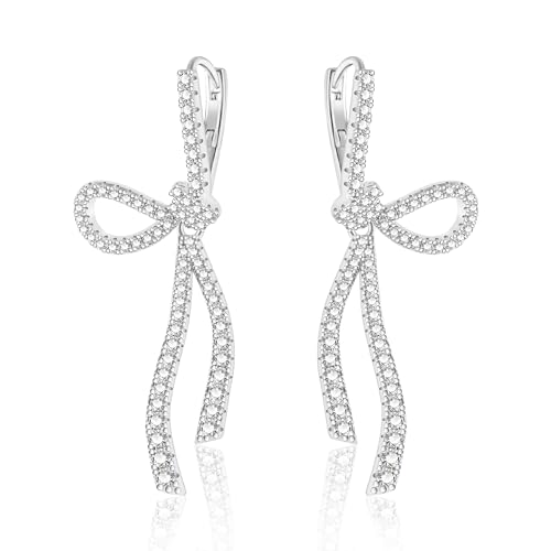 Silber Creolen Ohrringe lange Bogen, ASH'S CHOICE Bow Earrings Silber Ohrringe Schleifen für Damen, Ohrringe Hängende Silber Bogen Groß Tropfen Ohrringe Glitz Creolen mit AAA+ Strass Zirkon Kristall von ASH'S CHOICE