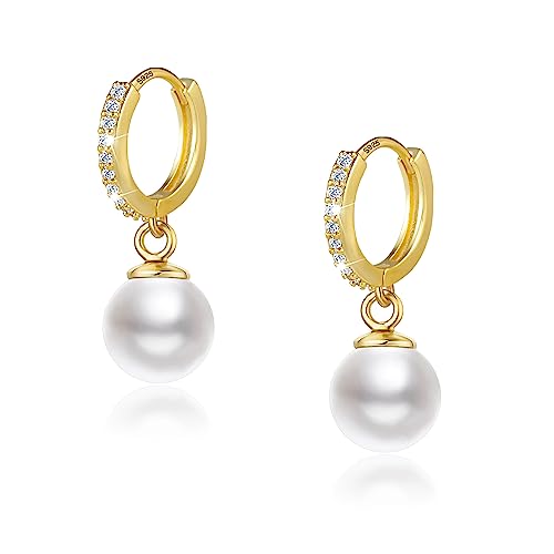 ASH'S CHOICE Creolen Gold Ohrringe mit Anhänger Perlen, Damen 14K Vergoldet weiße Perlen Ohrringe Hängend Silber 925 Creolen Gold Ohrringe Creolen mit Zirkon Kleine Ohrringe PerlenTropfen Damen von ASH'S CHOICE