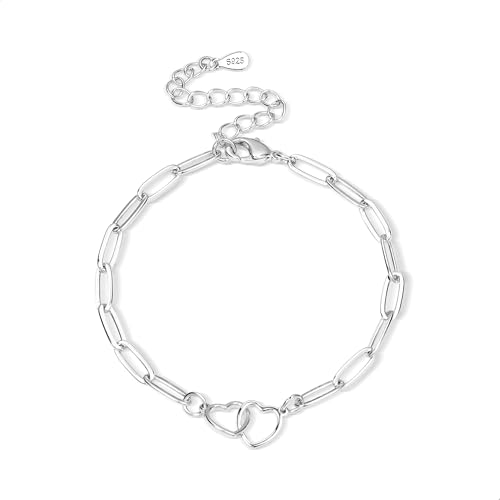 Damen Ketten 925 Sterling Silber Armband mit Herz Liebe Armbänder Sterling Silber Verstellbare Armband Armkette Kuban Büroklammerkette Link Ketten Armketten Fußkettchen Armbänder Damen Männer Frauen von ASH'S CHOICE