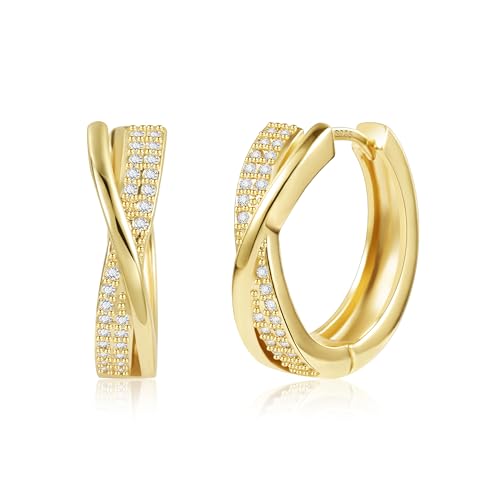 Damen Ohrringe Gold Creolen Kleine, ASH'S CHOICE Silber 925 Ohrringe mit Zirkonia Stein Strass Glitzer Creolen Gold Kleine Huggie Creolen Leicht Breit Klobige Dick Creolen Twist Chunky Ohrringe Gold von ASH'S CHOICE
