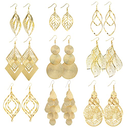 Gold Ohrringe Set Boho - 9 Paar Tropfen Ohrhänger für Damen, Hypoallergene Modeschmuck Große Lange Blatt Aushöhlen Laub Knorpel Haken Ohrringe von ASH'S CHOICE