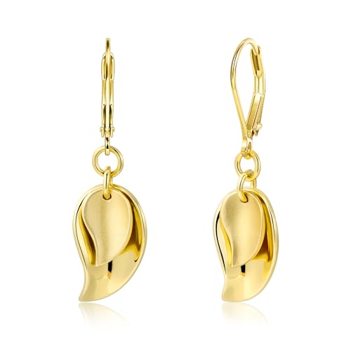 Gold Ohrringe Damen, ASH'S CHOICE 14K Vergoldet Silber 925 Ohrringe Hängend Gold Kleine Creolen mit Anhänger Doppel Blatt Ohrhänger Wassertropfen Anhängerohrringe Golden Französische Ohrhaken Ohrring von ASH'S CHOICE