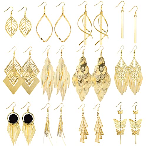 Gold Ohrringe Set, 12 Paar Tropfen Ohrringe Boho für Damen, Modeschmuck Große Lange Blatt Aushöhlen Laub Quaste Feder Prisma Hypoallergene Ohrhänger von ASH'S CHOICE