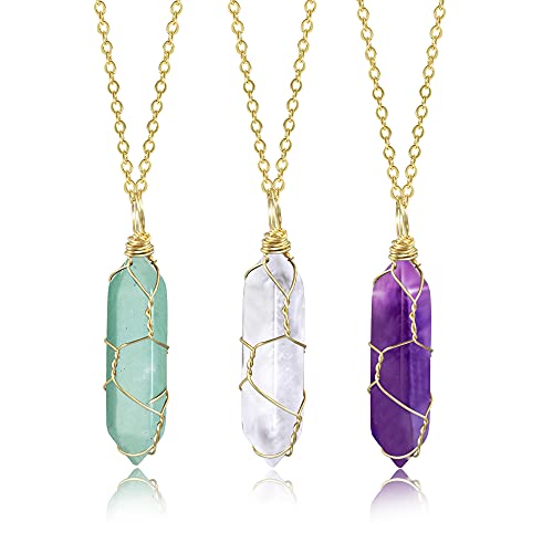 ASH'S CHOICE Kristall Kette Gold, 3 Stücke Amethyst Kette Kristalle Heilsteine Kette Klarerquartz Grüner Aventurin Sechseckig Edelstein Anhänger Heilkristalle Halskette Damen von ASH'S CHOICE
