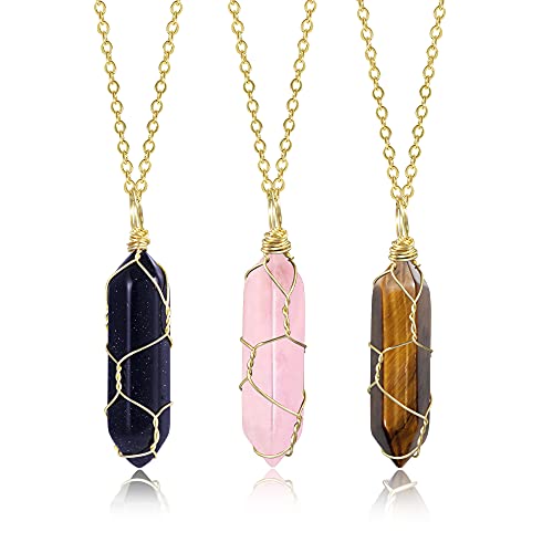 ASH'S CHOICE Kristall Kette Set, 3 Stücke Kristalle Heilsteine Kette Sechseckig Edelstein Anhänger Heilkristalle Kette Blauer Sandstein Tigerauge Halsketten Gold für Damen Men (6 Color Set) von ASH'S CHOICE