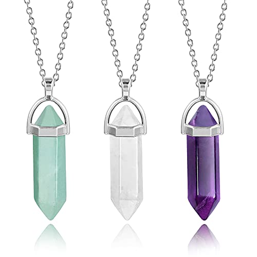 Kristall Kette Set, Amethyst Kette Kristalle Heilsteine Kette Damen, 3 Stücke Natürlichen Amethyst Klarerquartz Grüner Aventurin Sechseckig Edelstein Anhänger Heilkristalle Halskette Damen Herren von ASH'S CHOICE