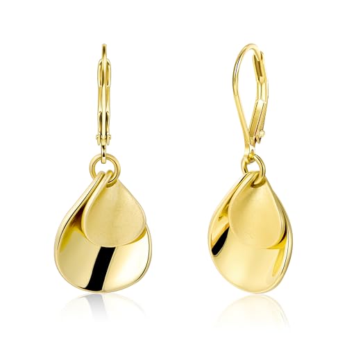 Ohrringe Gold Hängend, ASH'S CHOICE 14K Vergoldet Sterling Silber 925 Ohrringe Hängend Kleine Creolen mit Anhänger Doppel Blatt Scheiben Ohrring Ohrhänger Gold Tropfenohrringe Boho Damen Frauen von ASH'S CHOICE