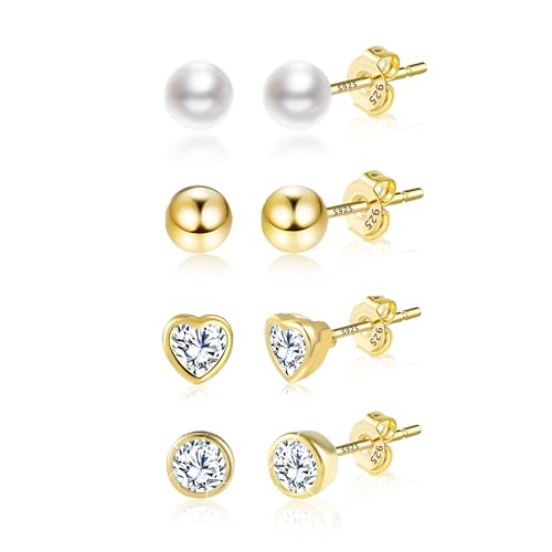 Ohrringe Gold Ohrstecker Damen, ASH'S CHOICE 4 Paar Multipack Ohrstecker Set Kleine Gold Ohrringe Medizinische Piercing Ohrsteck Klein Silber 925 Ohrstecker Kugel Herz Perlen Ohrringe Gold Set von ASH'S CHOICE
