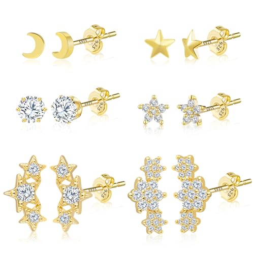 Ohrringe Gold Ohrstecker Set, ASH'S CHOICE Silber 925 Ohrstecker Gold Kleine Multipack Ohrsteck Vergoldet Set, 9ct Gold Ohrringe mit Zirkon Strass Stern Mond Lange Blatt Ohrstecker Damen Mädchen Kind von ASH'S CHOICE