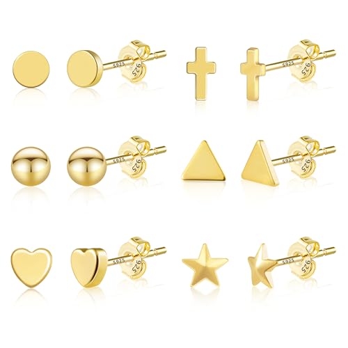 Ohrringe Gold Ohrstecker Set Damen, 6 Paar 14k Vergoldet Multipack Ohrstecker Knorpel Kleine Ohrringe Set 9ct Gold Ohrstecker Herz Kugel Stern Dreieck Silber 925 Ohrringe Gold 585 333 Damen Mädchen von ASH'S CHOICE