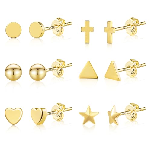 Ohrringe Gold Ohrstecker Set Damen, 6 Paar 14k Vergoldet Multipack Ohrstecker Knorpel Kleine Ohrringe Set 9ct Gold Ohrstecker Herz Kugel Stern Dreieck Silber 925 Ohrringe Gold 585 333 Damen Frauen von ASH'S CHOICE