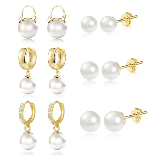 Ohrringe Gold Set, 6 Paar Ohrstecker Perlen Set Gold Creolen mit Perlen Anhänger Ohrring, Silber 925 Ohrringe Hängende Kleine Creolen Süßwasserperlen Ohrstecker Kleine Gold Ohrringe Set Damen von ASH'S CHOICE