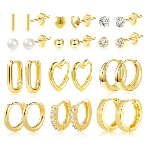 Ohrringe Gold Set, ASH'S CHOICE 12 Paar Multipack Creolen Gold Ohrstecker Kleine Set, Silber 925 Creolen Eckig Oval Herz Kleine Perlen Kugel Zirkon Ohrstecker 9ct Gold Ohrringe Set für Damen von ASH'S CHOICE