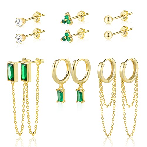 Ohrringe Set Gold, Ohrringe Creolen Ohrstecker set Damen, 6 Paar 925 Sterling Silber Ohrringe Creolen mit Anhänger Kette, Grün Schmuck Ohrstecker kleine, Hypoallergen Ohrringe für Damen Mädchen von ASH'S CHOICE