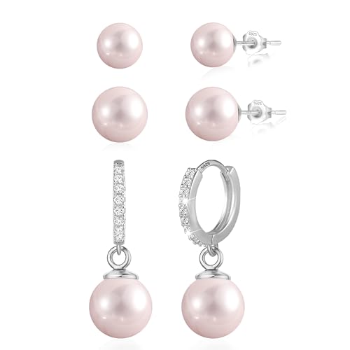 Ohrringe Perlen Set, 3 Paar Silber 925 Creolen mit Perlen Ohrstecker Rosa Perlen Ohrringe Kleine Damen Silber 925 Ohrringe Hängende Rosa Perlen Kleine Creolen Zirkon Ohrstecker Perlen von ASH'S CHOICE