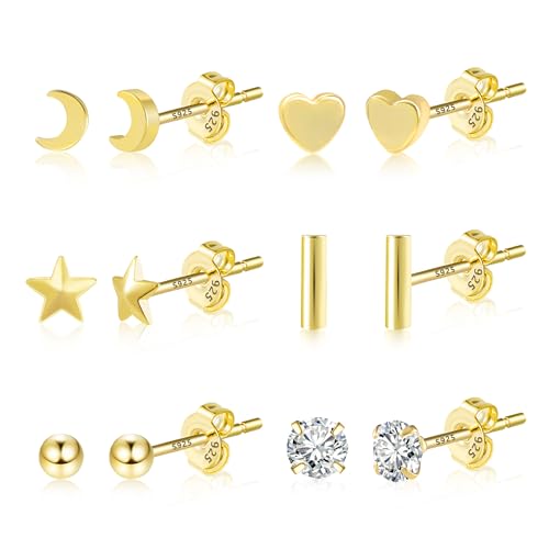 Ohrringe Set Gold Ohrstecker Kleine Damen, 6 Paar Sterling Silber 925 Ohrringe Multipack Ohrstecker Set Kleine 14k Vergoldet Knorpel Ohrstecker Herz Stern Mond Ohrringe Gold 585 333 Damen Mädchen von ASH'S CHOICE