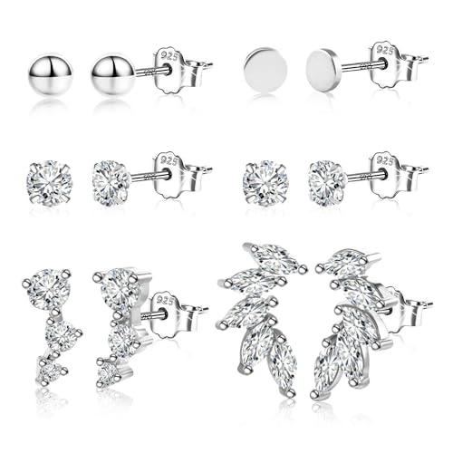 Ohrringe Silber 925 Ohrstecker Damen, ASH'S CHOICE Multipack Sterling Silber Ohrstecker Kleine Set Piercing Medizinische Zirkon Kugel Ohrstecker Klein Lange Blatt Ohrsteck Glitz Knorpel Ohrringe Set von ASH'S CHOICE
